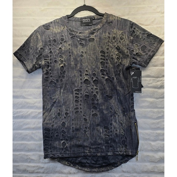 7even Souls Other - 7even Souls Distressed Burnout T-Shirt Mens Small Gray Gold New Side Zip